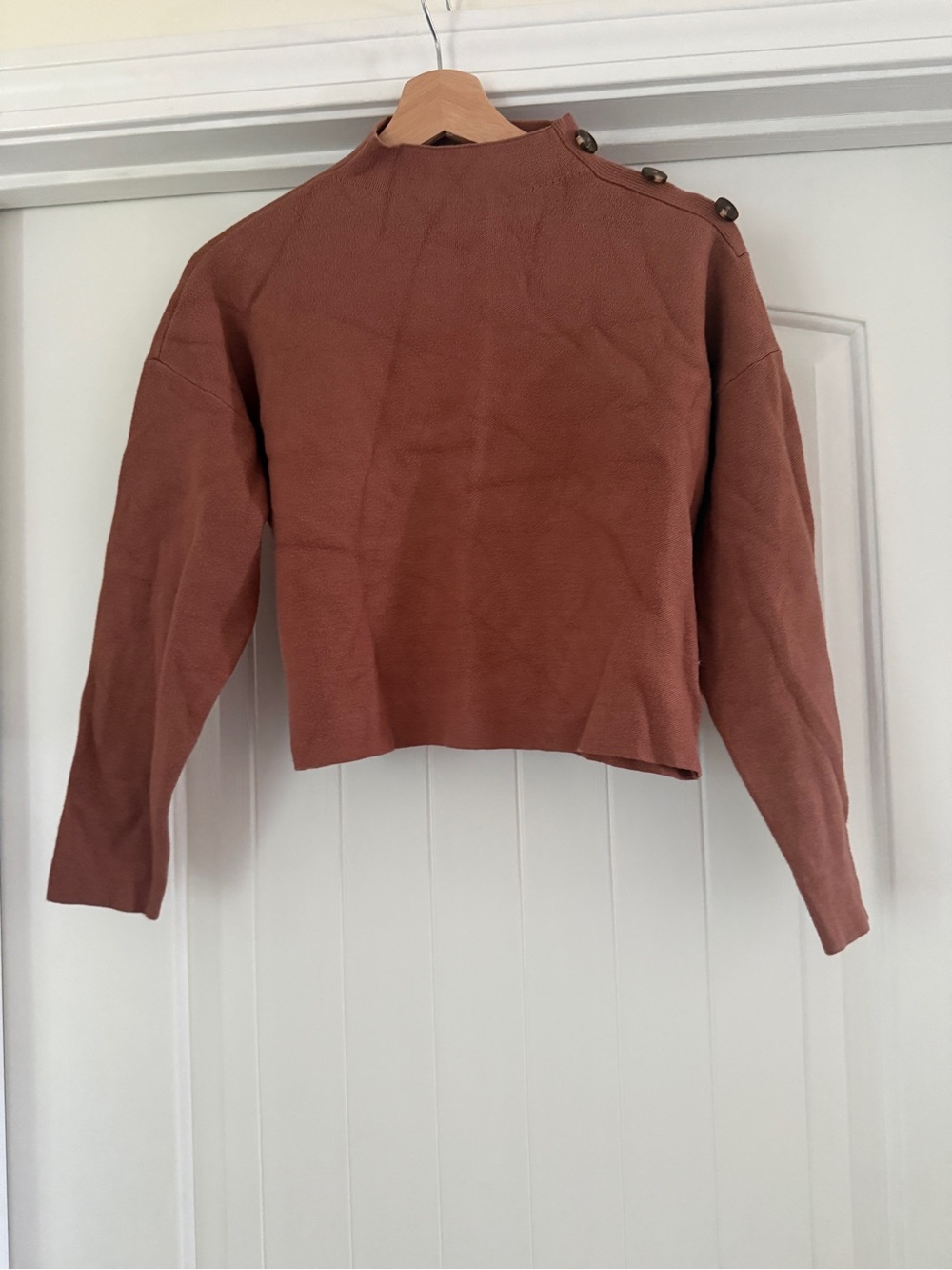 Cropped Rust Button-Shoulder Turtleneck Sweater